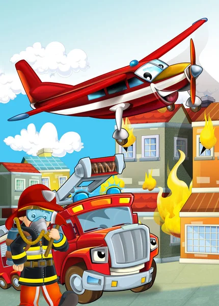 Cartoon scene with different fire fighter machines helicopter an — Stock Photo, Image
