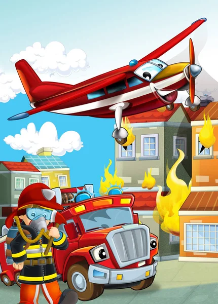 Cartoon-Szene mit verschiedenen Feuerwehrgeräten Hubschrauber ein — Stockfoto