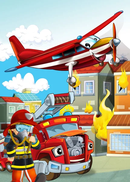 Cartoon scene with different fire fighter machines helicopter an — Stock Photo, Image