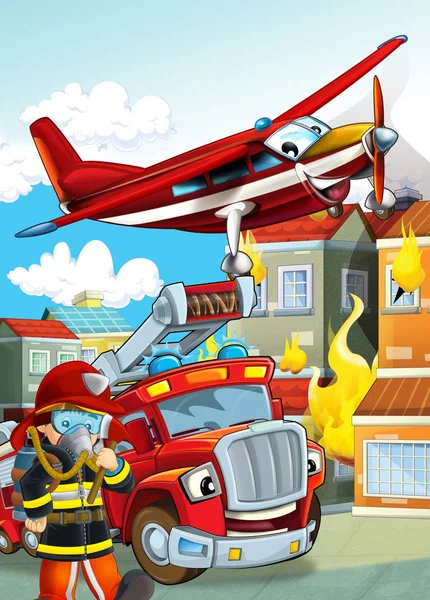 Cartoon-Szene mit verschiedenen Feuerwehrgeräten Hubschrauber ein — Stockfoto