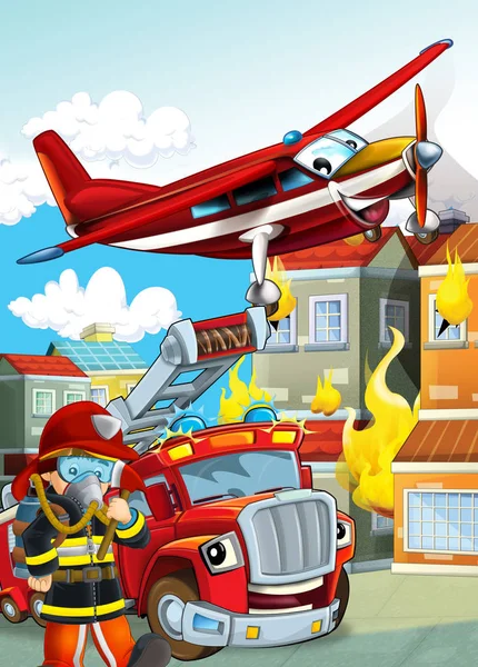 Cartoon-Szene mit verschiedenen Feuerwehrgeräten Hubschrauber ein — Stockfoto