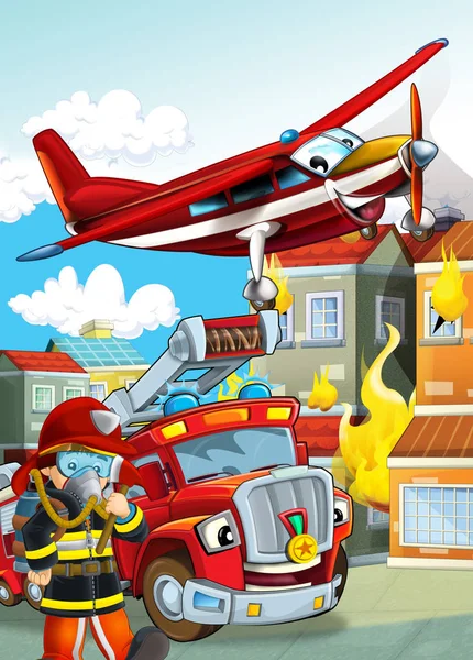 Мультфильм сцены с различными пожарных машин вертолет и — стоковое фото