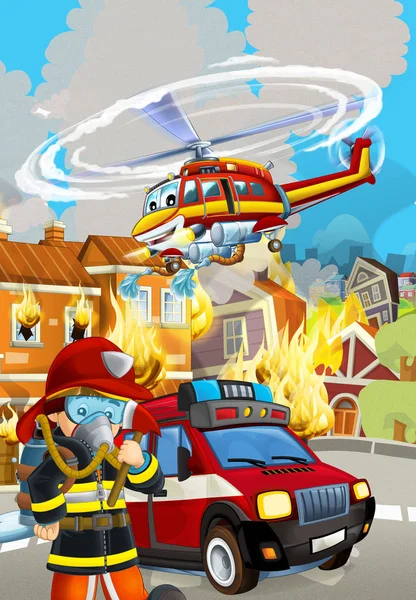 Cartoon scene with fireman car vehicle near burning building - i — Stock Photo, Image