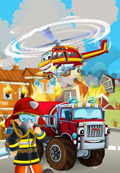 Rajzfilm jelenet tűzoltó autó jármű közel égő épület - i — Stock Fotó