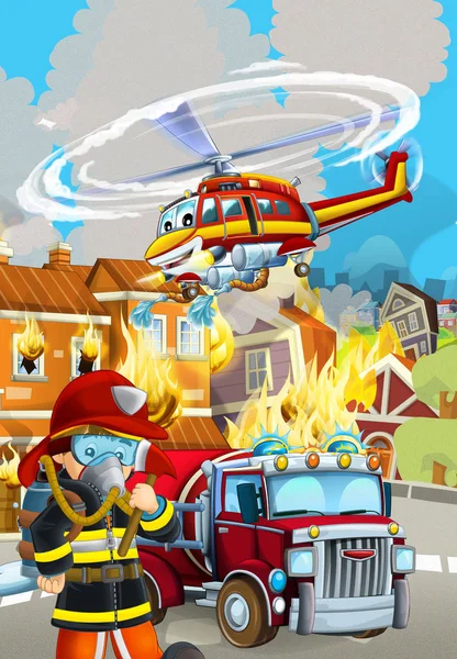 Cartoon scene with fireman car vehicle near burning building - i — Stock Photo, Image