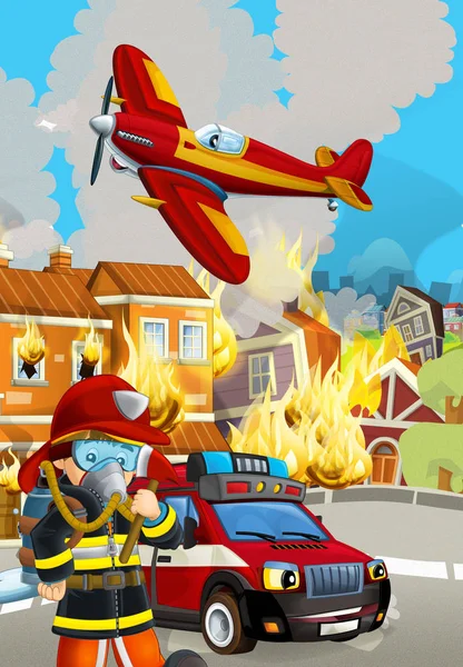 Σκηνή κινουμένων σχεδίων με πυροσβεστικό αυτοκίνητο όχημα κοντά σε φλεγόμενο κτίριο - i — Φωτογραφία Αρχείου