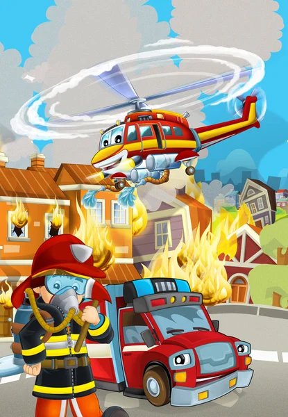 消防车在燃烧建筑物附近的卡通片- i — 图库照片