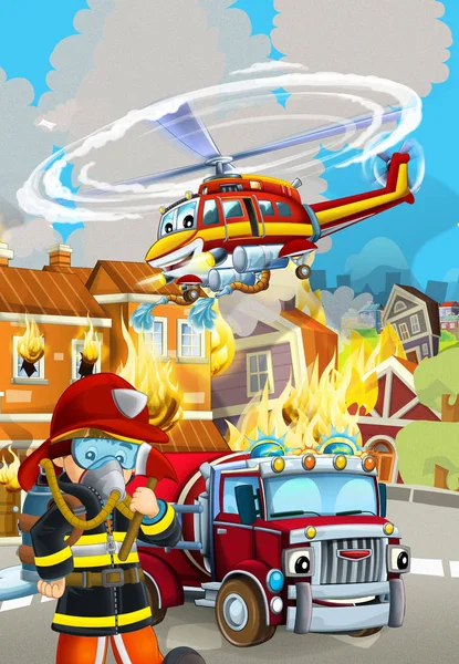 Scena kreskówek z wozem strażackim w pobliżu płonącego budynku - i — Zdjęcie stockowe