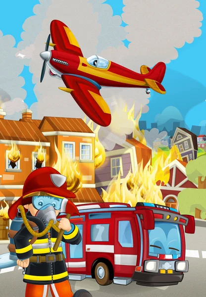 Cena dos desenhos animados com veículo carro bombeiro perto de edifício em chamas - i — Fotografia de Stock
