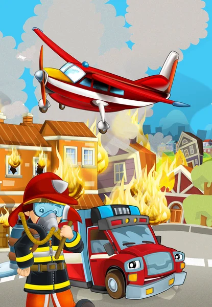 Cartoon-Szene mit Feuerwehrauto in der Nähe brennenden Gebäudes - i — Stockfoto