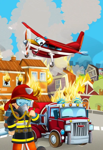 Cartoon-Szene mit Feuerwehrauto in der Nähe brennenden Gebäudes - i — Stockfoto