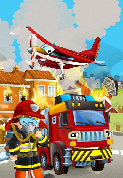 Cena dos desenhos animados com veículo carro bombeiro perto de edifício em chamas - i — Fotografia de Stock