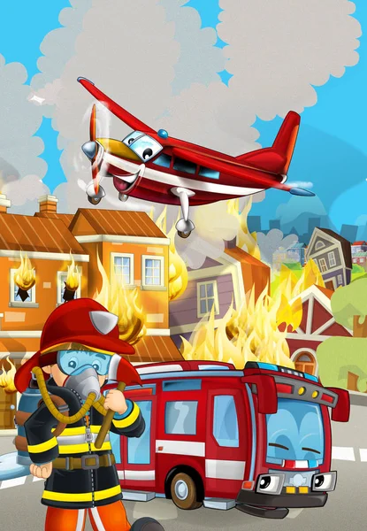 Tecknad scen med brandman bil fordon nära brinnande byggnad - i — Stockfoto