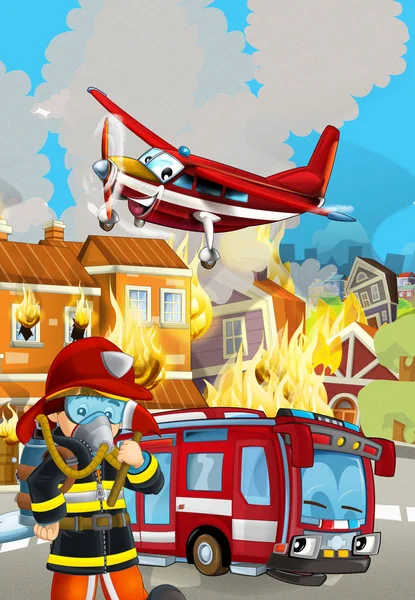 cartoon scene with fireman car vehicle near burning building - i