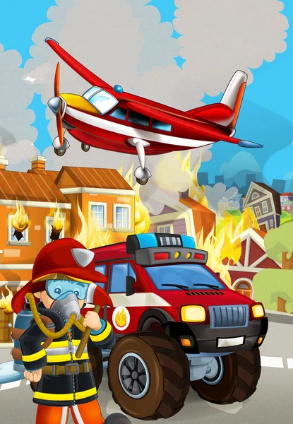 Escena de dibujos animados con coche bombero cerca de edificio en llamas - i —  Fotos de Stock