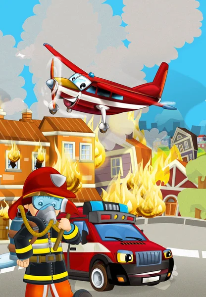 cartoon scene with fireman car vehicle near burning building - i