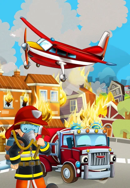 Cartoon scene met brandweerman auto voertuig in de buurt van brandend gebouw - i — Stockfoto