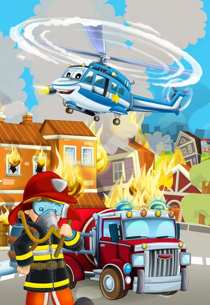 Мультфильм сцены с пожарным автомобиль возле горящего здания - я — стоковое фото