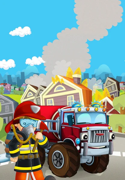 cartoon scene with fireman car vehicle near burning building - i