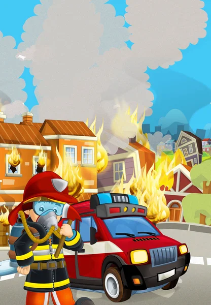 消防车在燃烧建筑物附近的卡通片- i — 图库照片