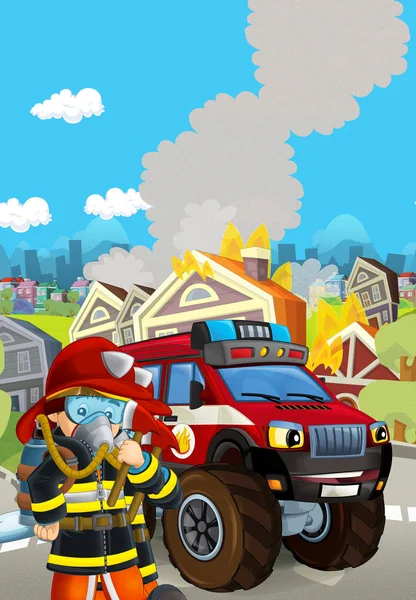 Cartoon scene with fireman car vehicle near burning building - i — Stock Photo, Image