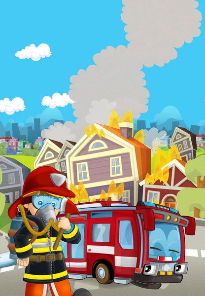 Kreslená scéna s hasičské auto vozidlo v blízkosti hořící budovy - i — Stock fotografie