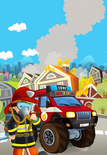 消防車が燃えるビルの近くにいる漫画シーン – I — ストック写真