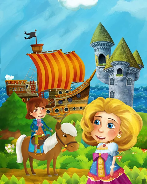 Cena da floresta dos desenhos animados com príncipe e princesa em pé no caminho n — Fotografia de Stock