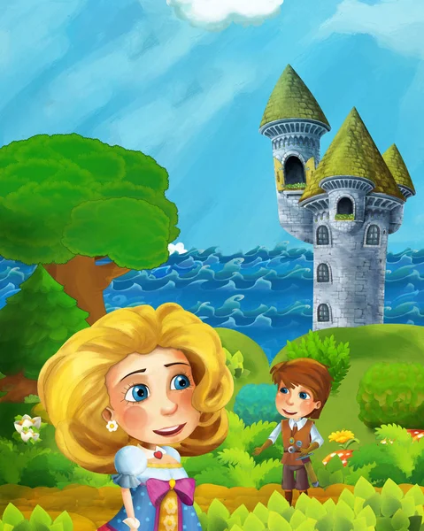 Scène Dessin Animé Avec Princesse Près Forêt Tour Château Illustration — Photo