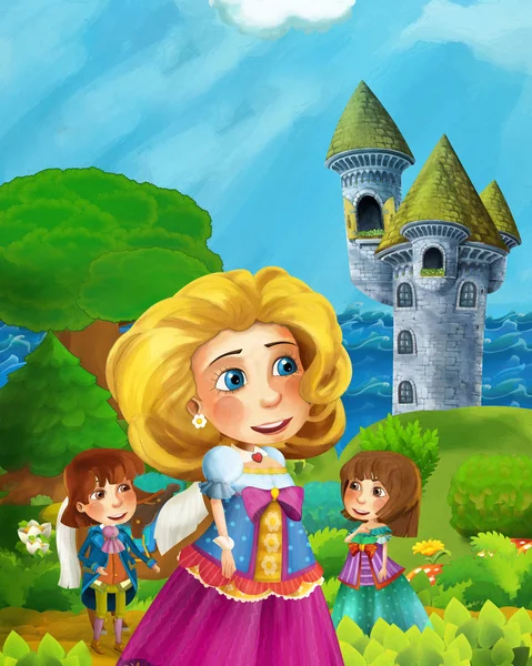 Dessin animé scène de forêt avec princesse et prince sur le chemin près de la f — Photo