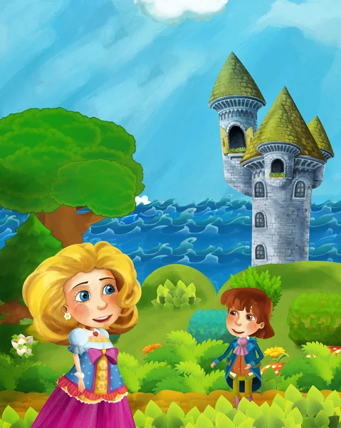 cartoon scene with princess near the forest and castle tower illustration for children