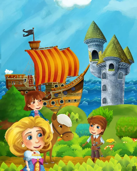 Escena del bosque de dibujos animados con príncipe y princesa de pie en el camino n —  Fotos de Stock