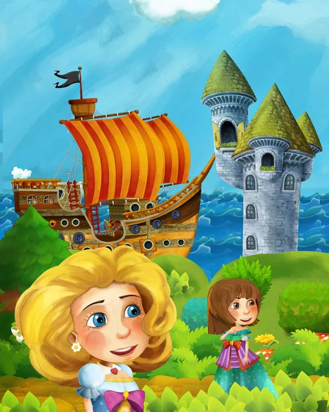 Cartoon bos scène met prins en prinses staan op pad n — Stockfoto