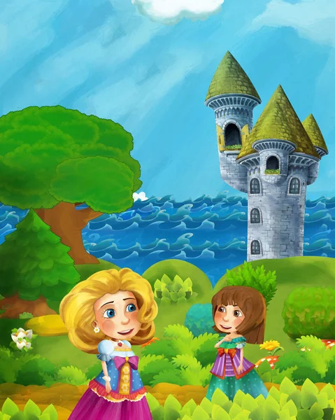 Escena del bosque de dibujos animados con camino de princesa cerca de la orilla del mar bosque — Foto de Stock