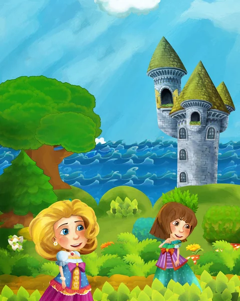 cartoon forest scene with princess path near the forest sea shor