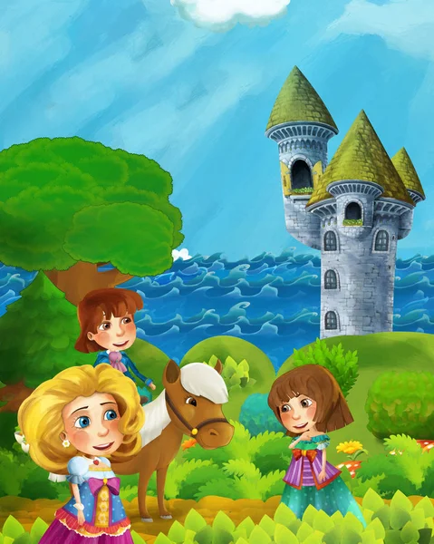 Escena del bosque de dibujos animados con la princesa y el príncipe en el camino cerca de la f — Foto de Stock