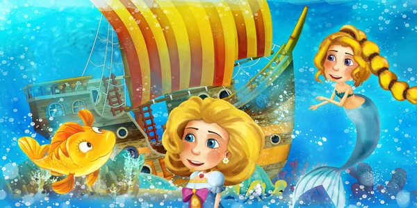 Cartoon ocean scene and the mermaid princess in underwater kingd