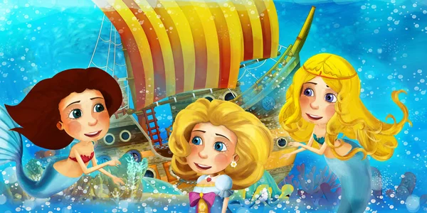 Cartoon ocean scene and the mermaid princess in underwater kingd