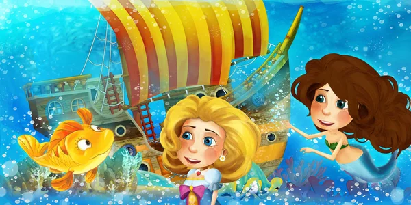 Cartoon ocean scene and the mermaid princess in underwater kingd