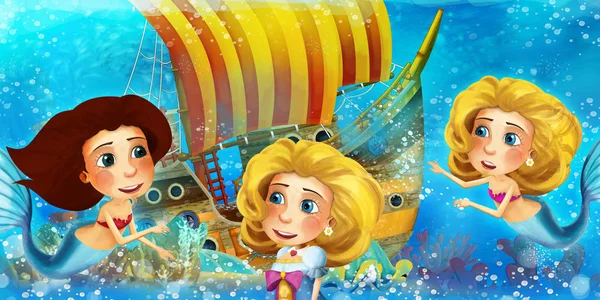 Dibujos animados escena del océano y la princesa sirena en el reino submarino — Foto de Stock