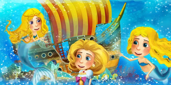 Cartoon ocean scene and the mermaid princess in underwater kingd — Stock Photo, Image