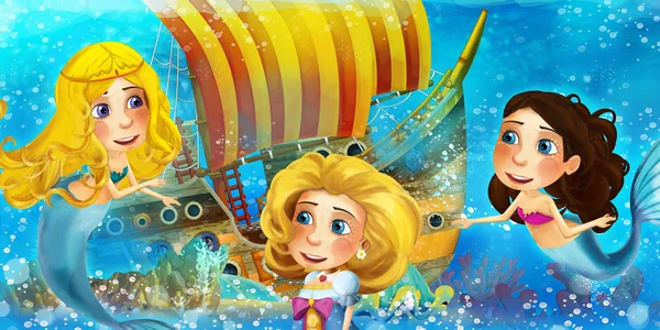 Dibujos animados escena del océano y la princesa sirena en el reino submarino — Foto de Stock
