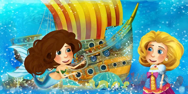 Cartoon oceaan scène en de zeemeermin prinses in onderwater kingd — Stockfoto