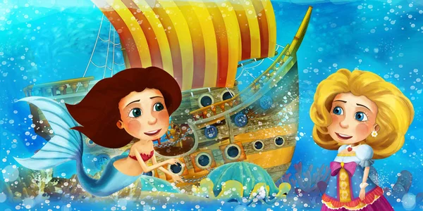 Cartoni animati scena oceano e la principessa sirena nel regno subacqueo — Foto Stock