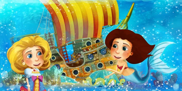 Cartoon ocean scene and the mermaid princess in underwater kingd — 스톡 사진