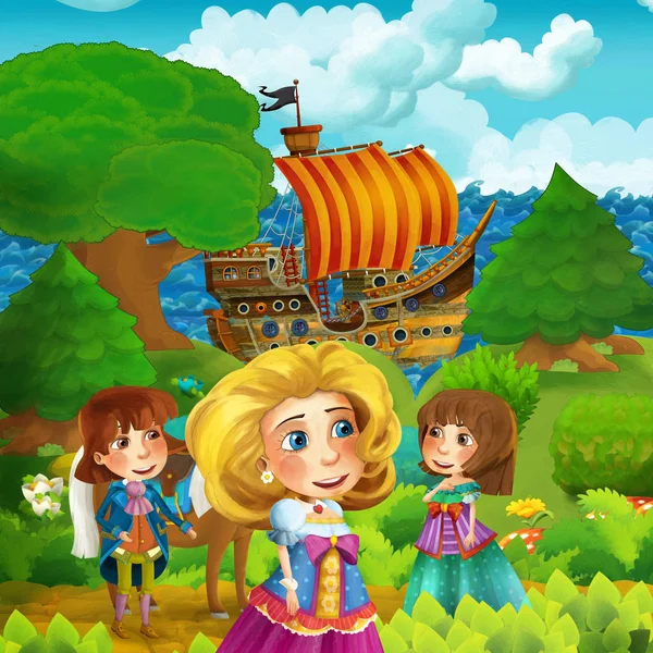 Dessin animé scène de forêt avec prince et princesse debout sur le chemin n — Photo
