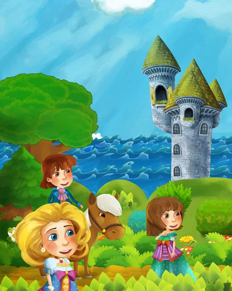 Escena del bosque de dibujos animados con la princesa y el príncipe en el camino cerca de la f — Foto de Stock