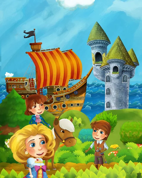 Cartoon-Waldszene mit Prinz und Prinzessin auf Weg n — Stockfoto