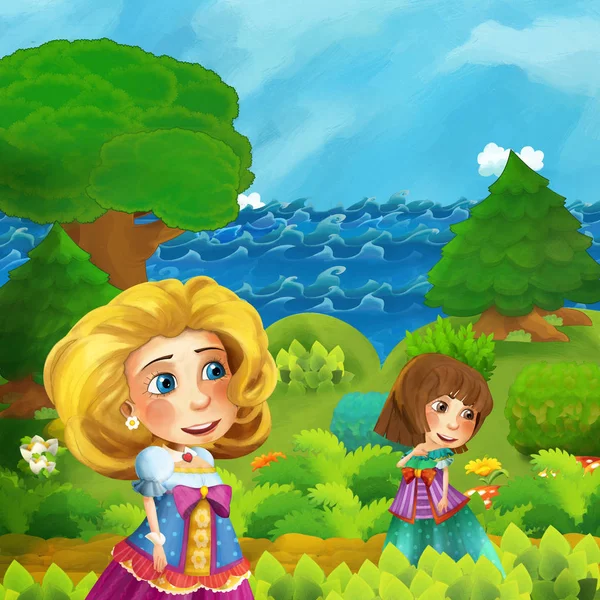 cartoon forest scene with princess standing on the path near the