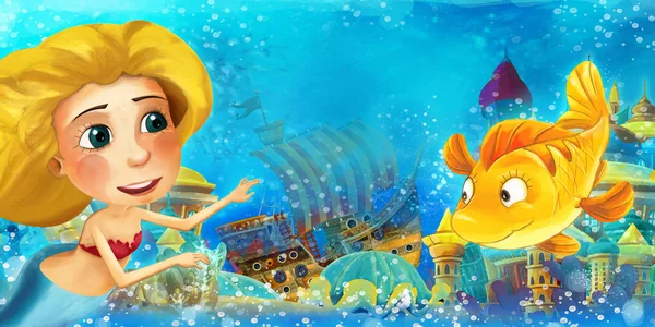 Cartoon ocean and the mermaid in underwater kingdom swimming and having fun - illustration for children